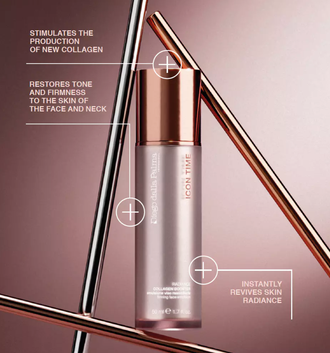 Skincare serum bottle with rose gold cap on a gradient background