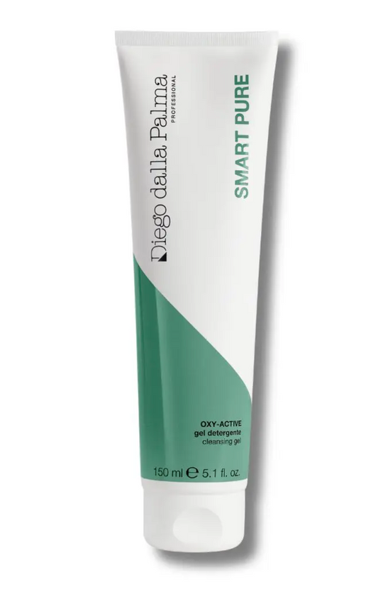 A 150 ml squeeze tube of Diego della Palma Professional Smart Pure Oxy-Active gel cleansing gel, featuring a white and green color scheme on a white background.