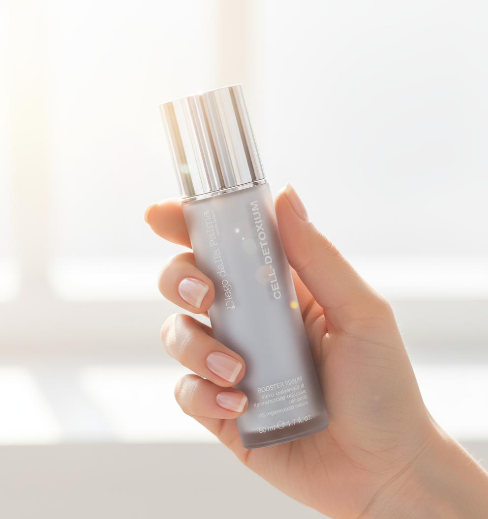 Hand holding a skincare bottle labeled 'Cell Detoxium' against a blurred background