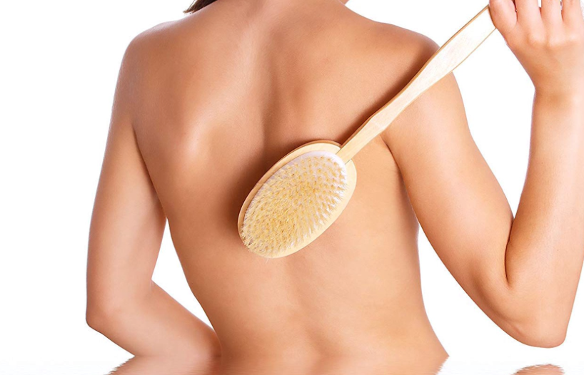 Natural Bristles Dry Brush  with Long Handle - Curved Back Brush Made of Wood - Excellent for Gentle Skin Exfoliation, Dry Massage  Natural Color, 6.5 Cm
