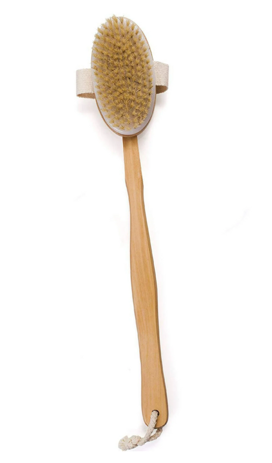 Natural Bristles Dry Brush  with Long Handle - Curved Back Brush Made of Wood - Excellent for Gentle Skin Exfoliation, Dry Massage  Natural Color, 6.5 Cm